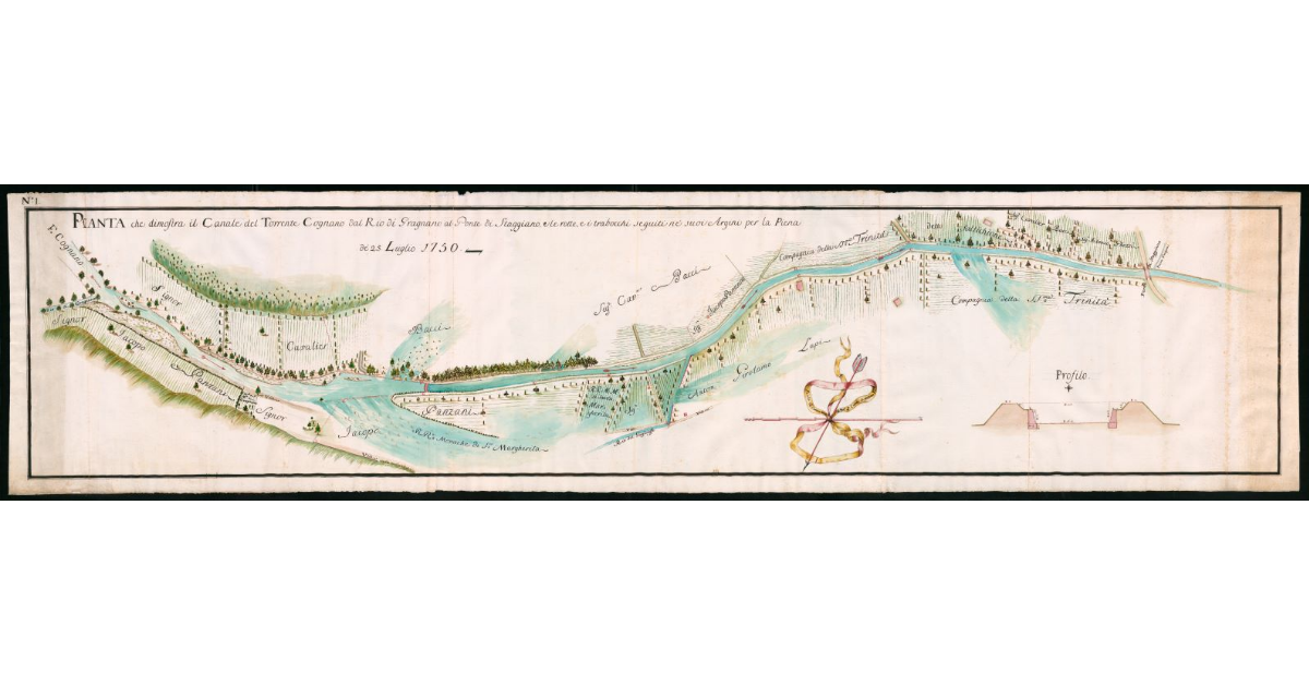 Pianta che dimostra il Canale del Torrente Cognano dal Rio di Gragnano al Ponte di Staggiano, e le rotte e i trabocchi seguiti ne' suoi Argini per la piena del 25 luglio 1750