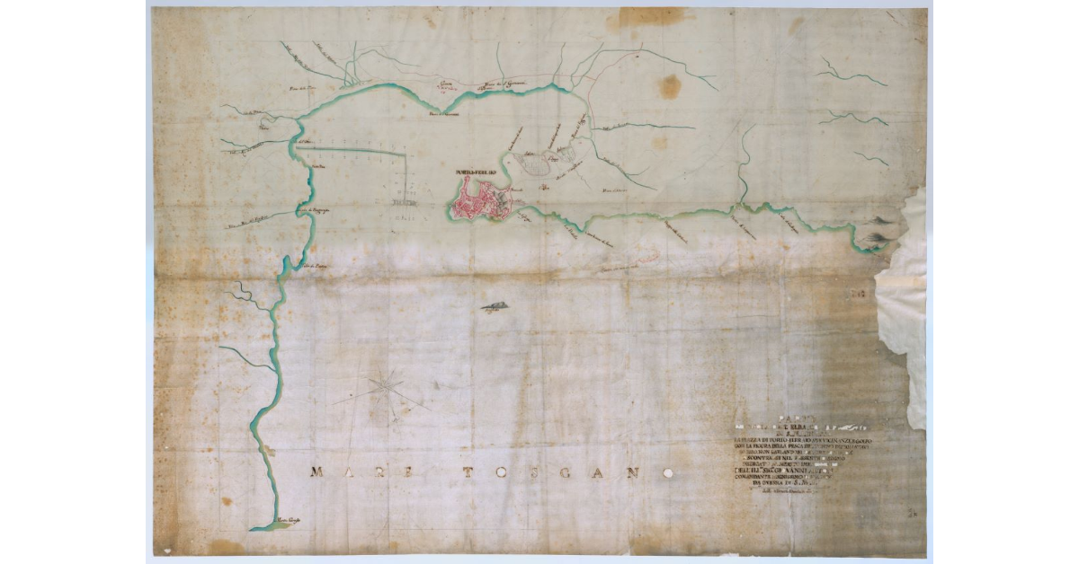 Parte dell'Isola dell'Elba col [le Saline] di S.M.I. in essa la Piazza di Portoferraio sue vicinanze e golfo con la figura della pesca del tonno disegnativi in esso [...]