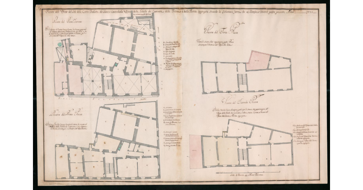 Piante dell'Uffizio del Sale, delle Carte Bollate, da Gioco e Contrabollo, Uffizio delle Gabelle dei Contratti, delle Farine e delle Partite aggregate secondo la riduzione fatta da Monsieur Gavard, questo presente anno 1775
