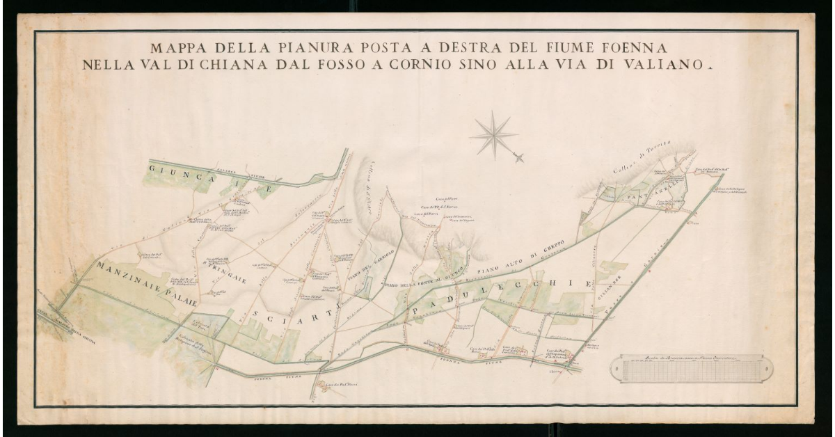 Mappa della pianura posta a destra del Fiume Foenna nella Val di Chiana dal Fosso a Cornio sino alla via di Valiano