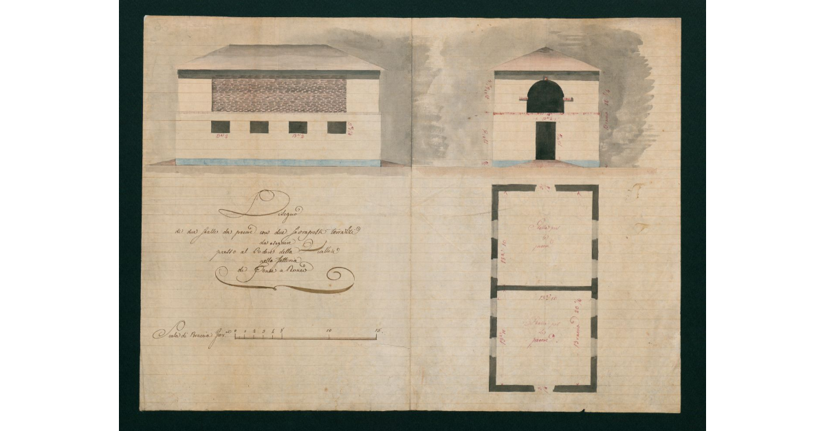 Disegno di due stalle da pecore con due sovrapposti terrazzi da eseguire presso al Podere della Vaiallese nella Fattoria di Fonte a Ronco