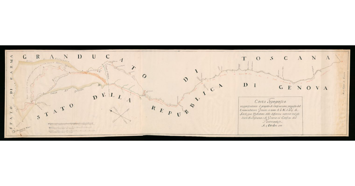 Carta topografica rappresentante il progetto di confinazione proposto dal Commendatore Graneri in nome di S.M. Re di Sardegna mediatore delle differenze vertenti fra gli Stati di Toscana e di Genova ne Confini del Pontremolese