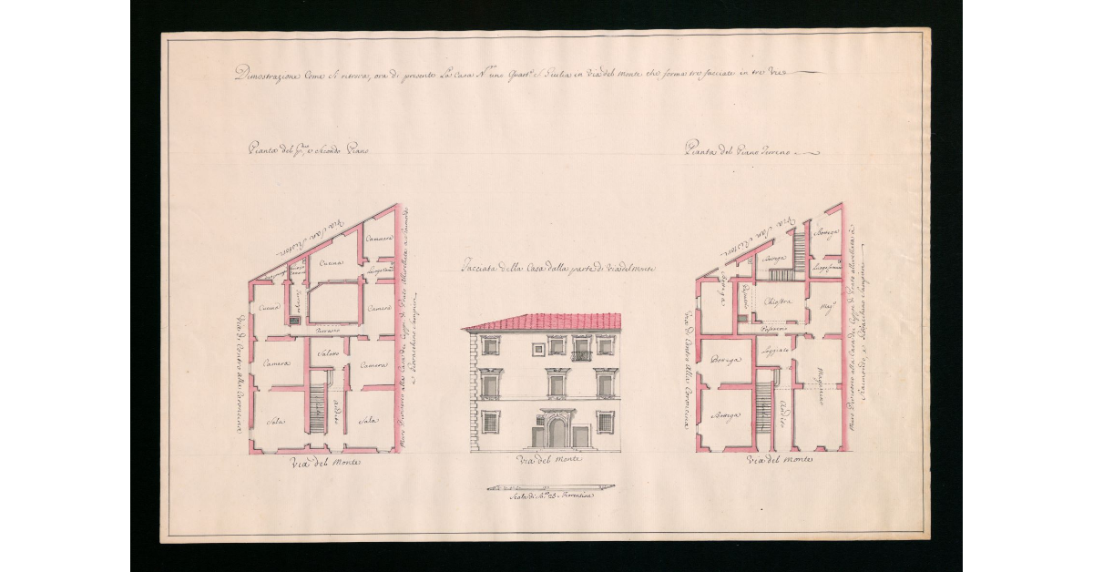 Dimostrazione come si ritrova ora di presente la Casa numero uno quartiere S.Giulia in Via del Monte che forma tre facciate in tre vie