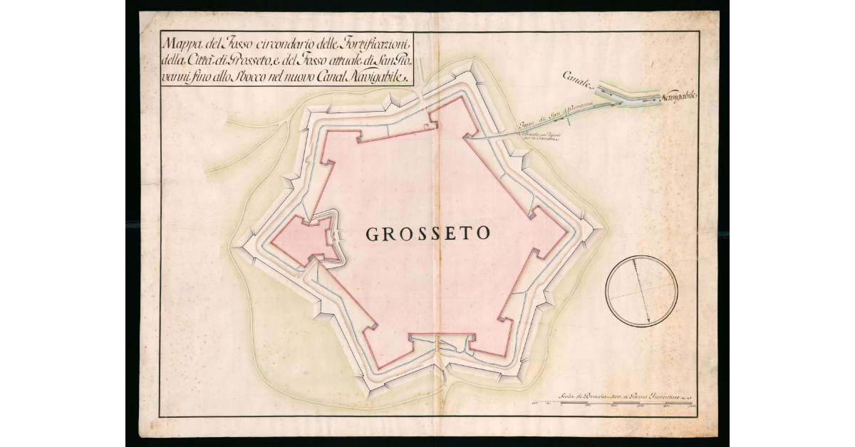 Mappa del Fosso Circondario delle Fortificazioni della Città di Grosseto e del Fosso attuale di San Giovanni allo sbocco del nuovo Canal Navigabile