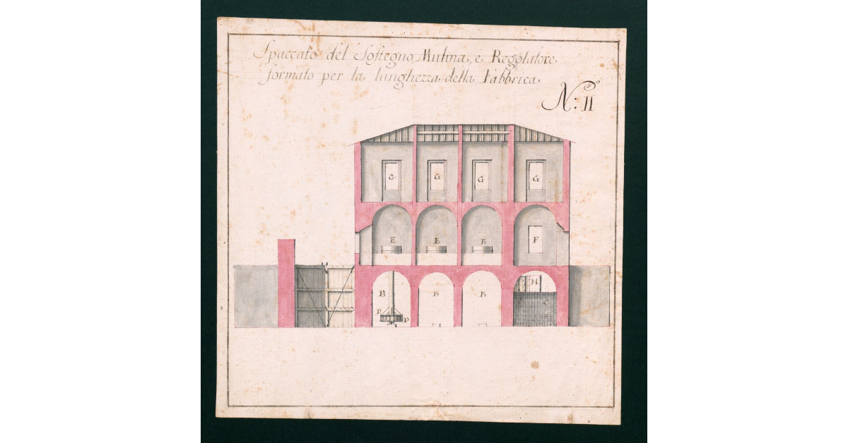 Spaccato del Sostegno, Mulino e Regolatore formato per la lunghezza della Fabbrica