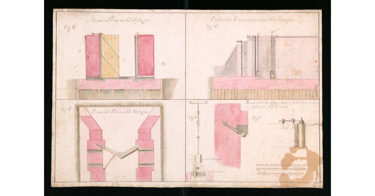 [Pianta, alzato e profilo della "cateratta del sostegno" applicata al nuovo mulino di Grosseto]