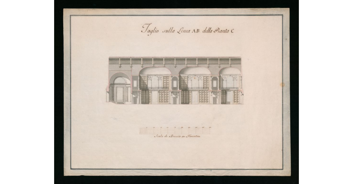 Taglio della linea AB della Pianta . . . Che dimostra altro progetto di una nuova Libreria Pubblica da situarsi sotto la R.Galleria