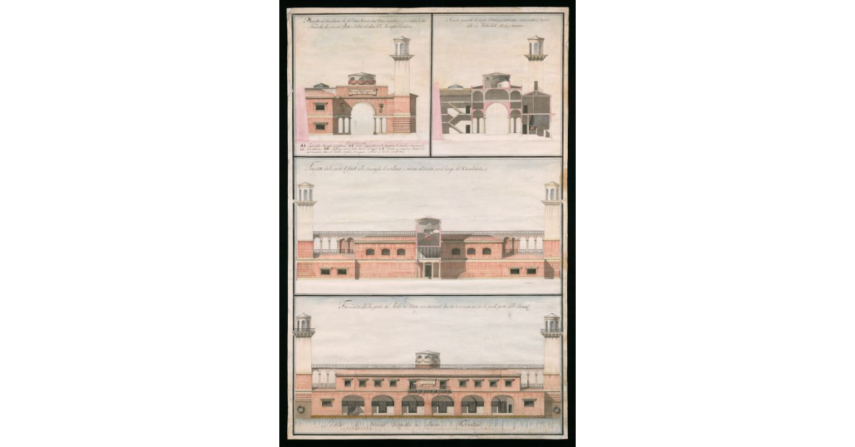 [Alzati e tagli dell'edificio della "casina della Sanità" ad uso portuario situato a Livorno sul molo di fronte alla muraglia castellana]