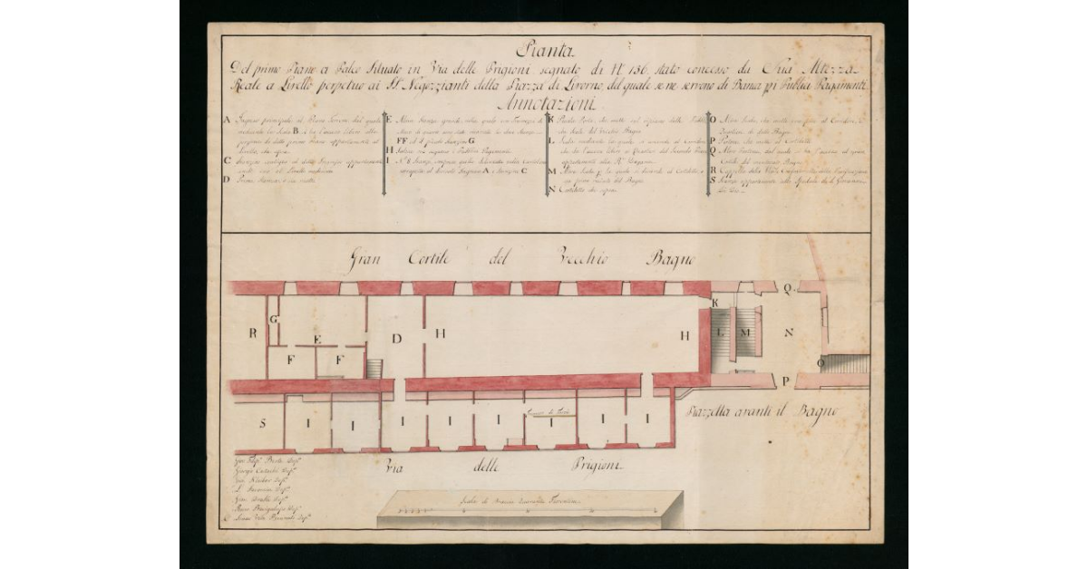 Pianta del primo piano a palco situato in Via delle Prigioni segnato di n.136 stato concesso da Sua Altezza Reale a livello perpetuo ai S.S.Negozianti della Piazza di Livorno del quale se ne servano di Banca per i pubblici pagamenti