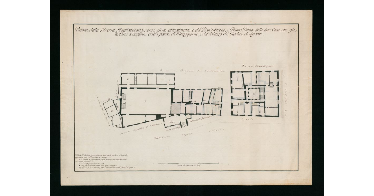 Pianta della Libreria Magliabechiana, come esiste attualmente, e del Piano Terreno e Primo Piano delle due Case che gli restano a confine dalla parte di Mezzogiorno, e del Palazzo dei Giudici di Ruota