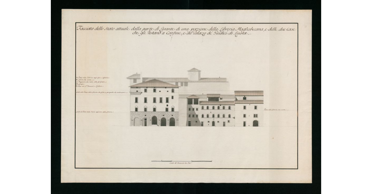 Facciata dello stato attuale della parte di Levante di una porzione della Libreria Magliabechiana, e delle due Case che gli restano a confine e del Palazzo dè Giudici di Ruota