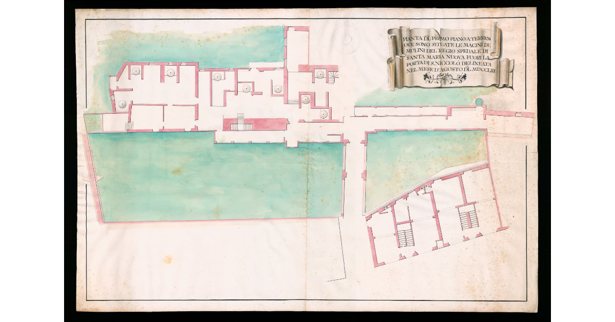 Pianta del primo piano a terreno dove sono situate le macine de Mulini del Regio Spedale di Santa Maria Nuova fuori la Porta di S.Niccolò delineata nel mese d'agosto MDCCLIII