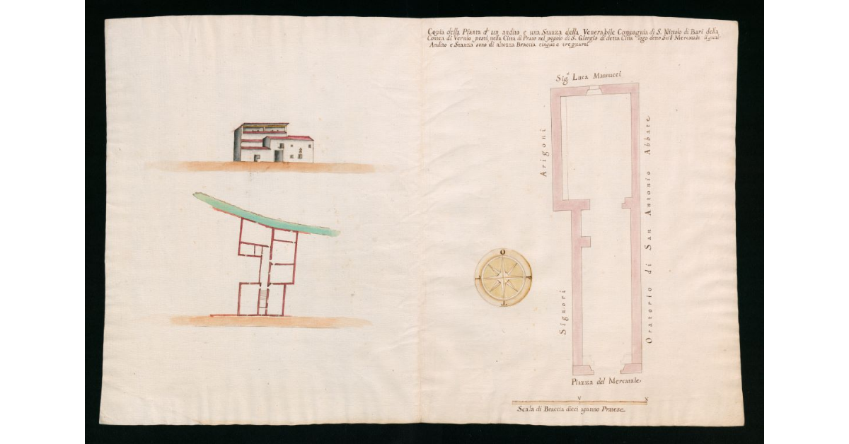 Copia della Pianta d'un andito e una stanza della Venerabile Compagnia di S.Niccolò di Bari della Contea di Vernio posto nella Città di Prato nel Popolo di S. Giorgio di detta Città logo detti il Mercatale, il qual andito e stanza sono di altezza Braccia 5 e tre quarti