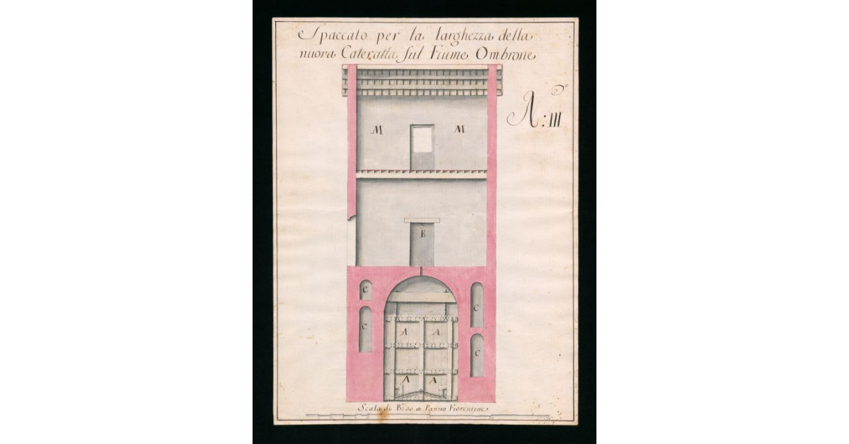 Spaccato per la larghezza della nuova Cateratta sul Fiume Ombrone