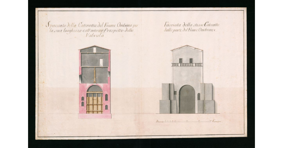 Spaccato e facciata della nuova Cateratta sul fiume Ombrone