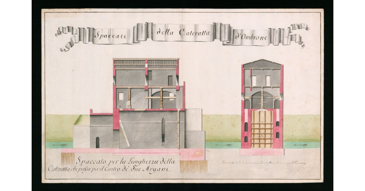 Spaccati della nuova cateratta sul fiume Ombrone