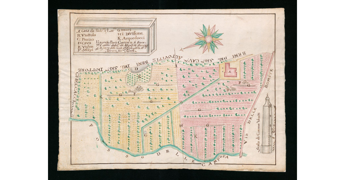 [Mappa di un podere ubicato nel suburbio meridionale di Firenze, tra il fosso delle Campora e la via della Romita]