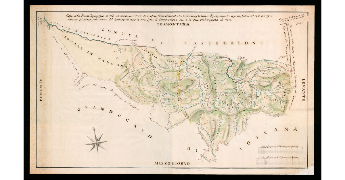 Copia della Pianta Topografica del 1766 concernente le vertenze del confine giurisdizionale tra la Toscana, e la Contea Pepoli, con più le aggiunte fattevi nel 1781 per essersi ritrovata sul luogo, colla scorta del Contratto del 1340, la vera linea di con_x0018_finazione, che è la qui ombreggiata di nero