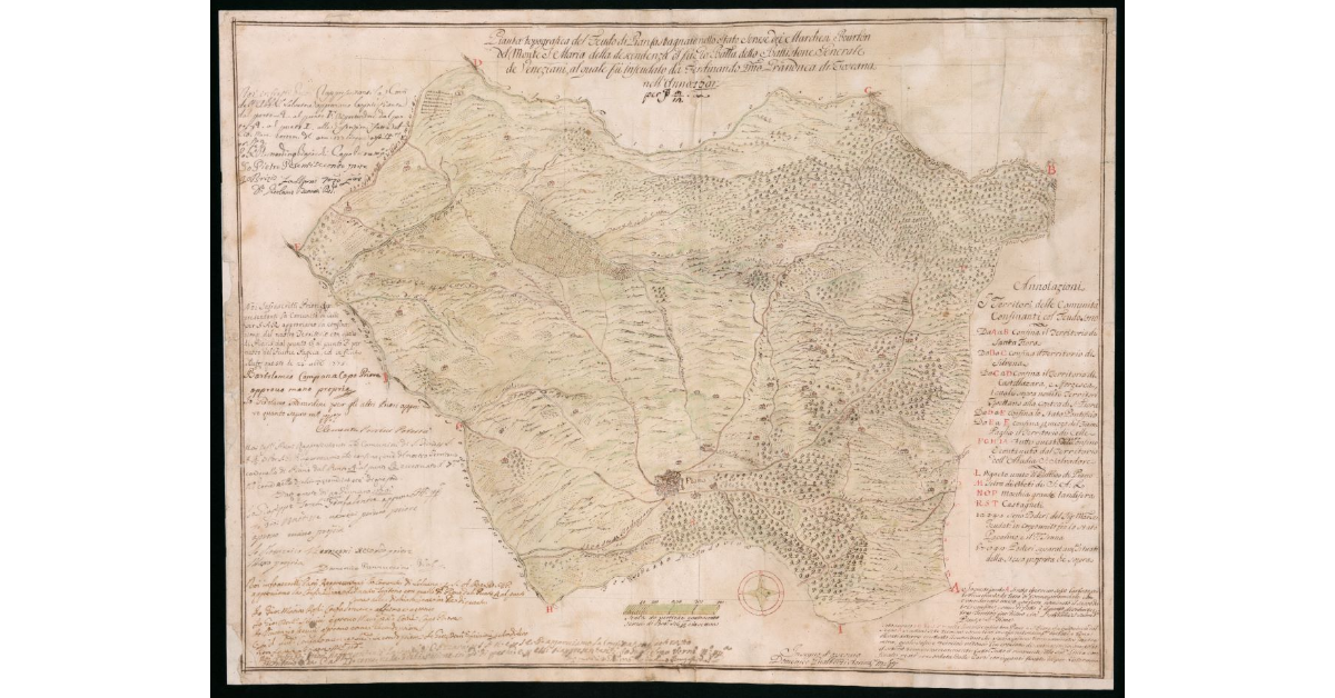 Pianta topografica del Feudo di Piancastagnaio nello Stato Senese dei Marchesi Bourbon Del Monte S.Maria della discendenza del fu Gio. Battista detto Battistone Generale dei Veneziani al Quale fu infeudato da Ferdinando Primo Granduca di Toscana nell'anno_x0018_ 1601