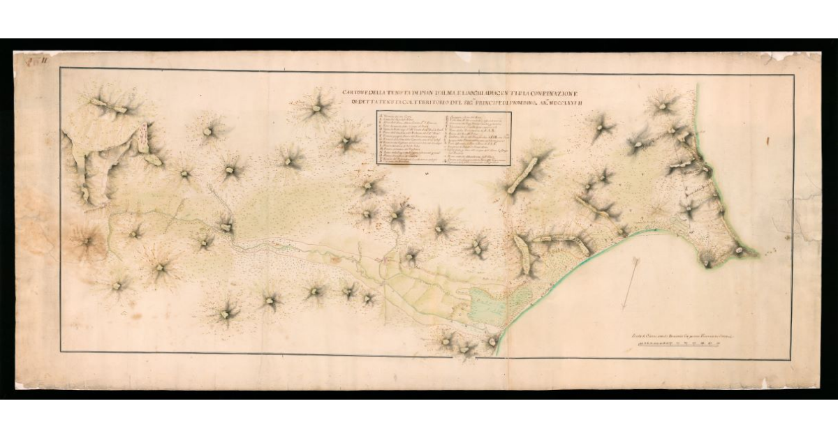 Cartone della Tenuta di Pian d’Alma e luoghi adiacenti per la confinazione di detta Tenuta col territorio del Sig. Principe di Piombino. Anno MDCCLXXVII