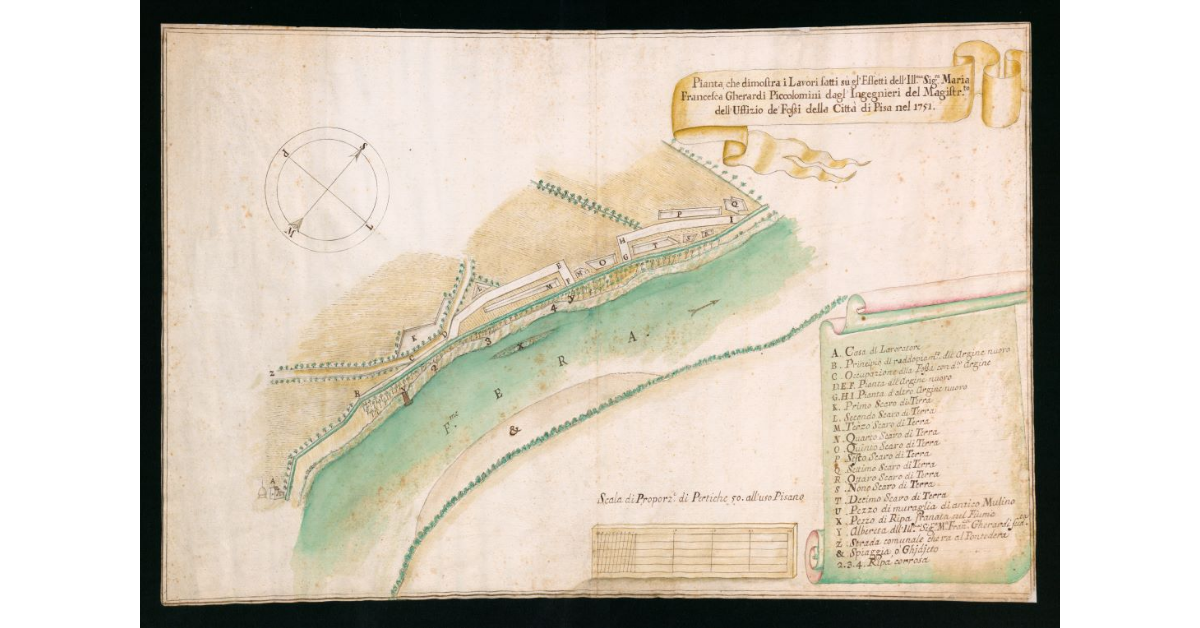Pianta che dimostra i lavori fatti sugl’Effetti dell’Ill.ma Sig.ra Maria Francesca Gherardi Piccolomini dagl'Ingegneri del Magistr.to dell'Uffizio de' Fossi della Città di Pisa nel 1751