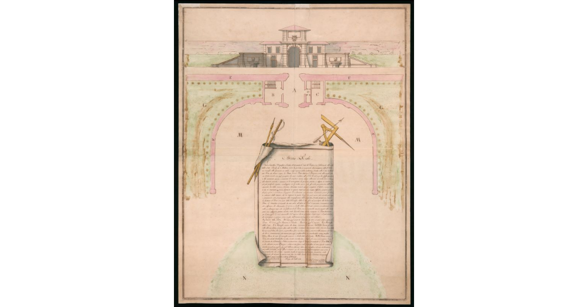 [Progetto in pianta e alzato di nuova porta d'ingresso alla città di Pistoia "sopra la Piazza a Prato di S. Francesco" dalla parte della nuova strada regia Modenese]