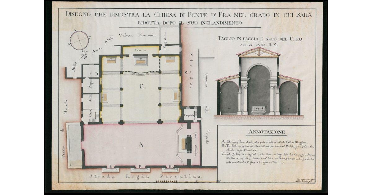 Disegno che dimostra le Chiesa di. Ponte d'Era nel grado grado in cui sarà ridotta dopo il suo ingrandimento