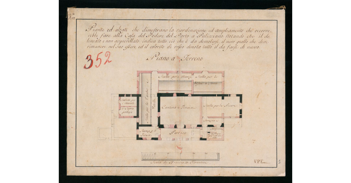 Piante ed alzati che dimostrano la riordinazione ed ampliamento che occorrerebbe fare alla Casa del Podere del Porto a Pulicciano notando che il delineato e non acquerellato indica tutto ciò che è da demolirsi, in nero quello che deve rimanere nel suo essere, ed il colorito di rosso denoto tutto il da farsi di nuovo. Piano a Terreno