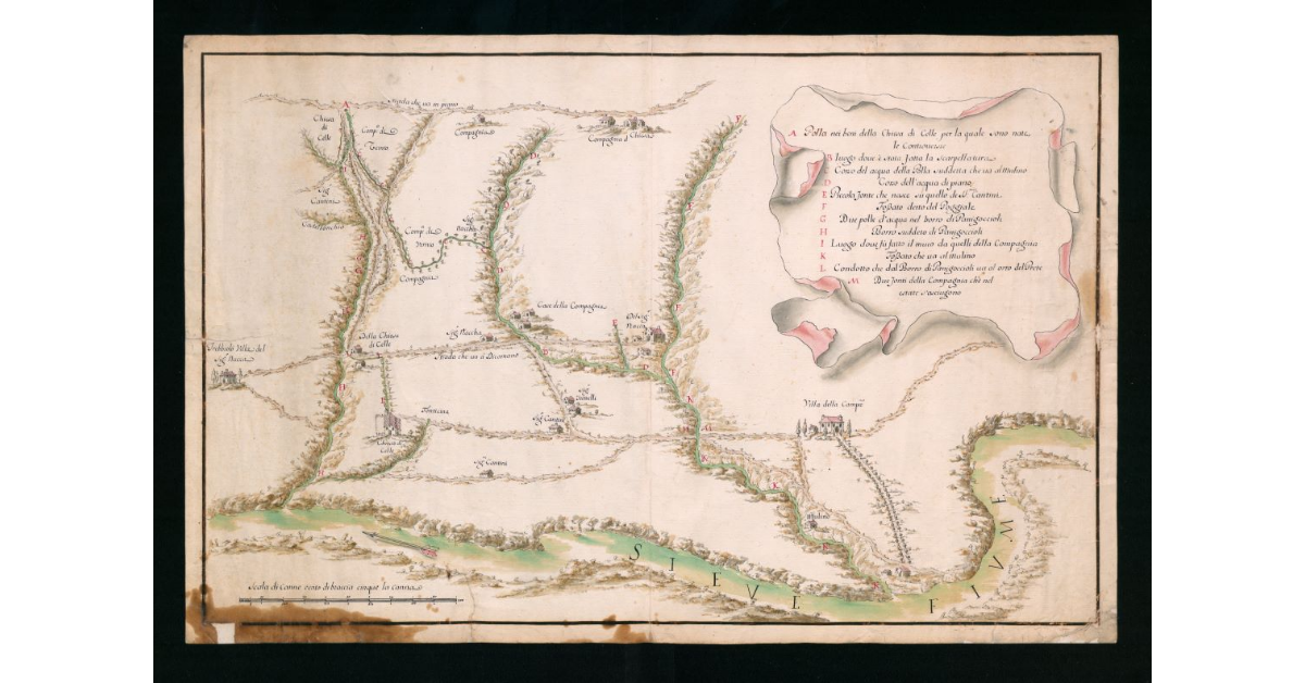 [Veduta prospettica del territorio circostante la chiesa di Celle tra il borro di Panigoccioli e il fiume Sieve]