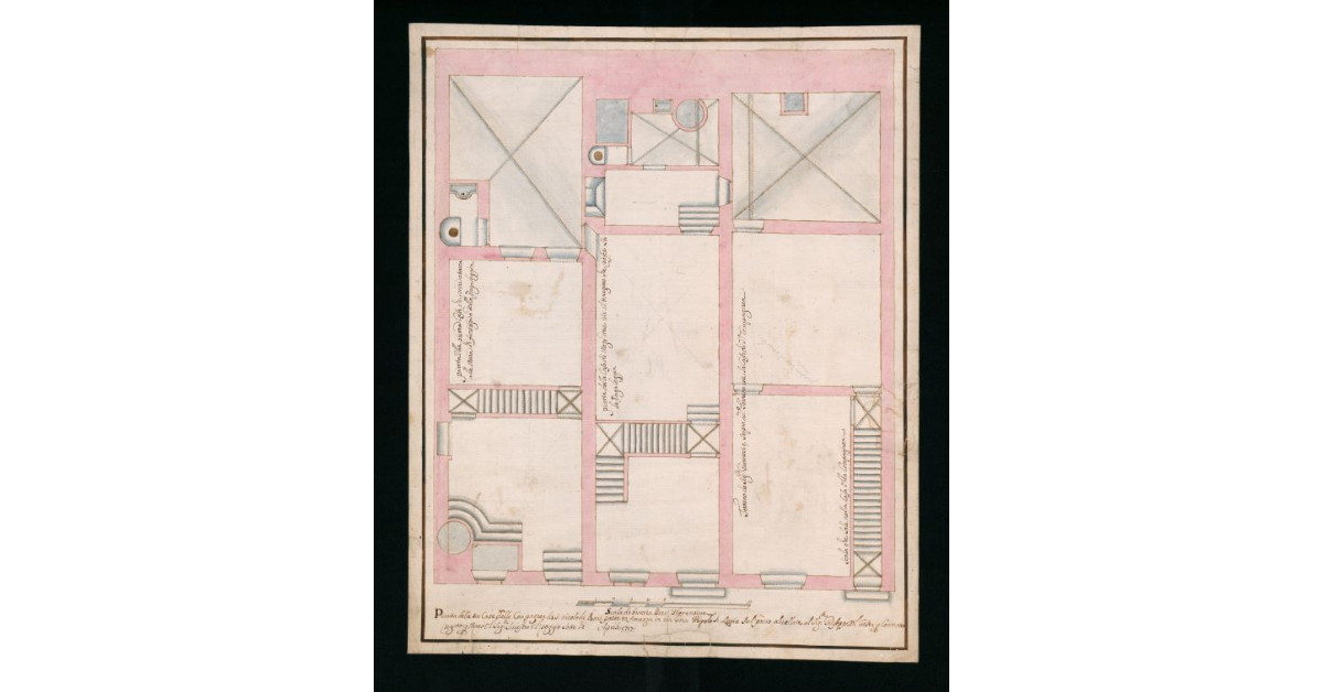 Pianta delle tre Case della Compagnia di S. Nicolò di Bari poste in Fiorenza in Via Gora Popolo S. Lucia sul Prato allivellate al Sig.re Giuseppe del Cresta per contratto rogato per mano del Sig.re Silvestro del Poggio sotto dì Aprile 1717