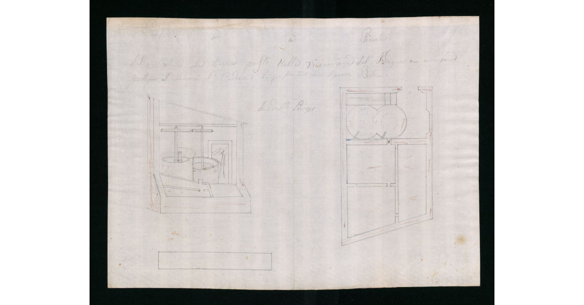 Profili e Piante del Molino da Sansa posto nelle vicinanze del Bagno a Acqua contiguo al Fiume di Cardana di proprietà dei signori Balini di detto luogo