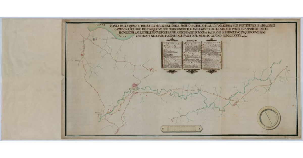 Pianta dalla quale si rileva la situazione delle Moje o Saline attuali di Volterra, sue pertinenze e adiacenze, campagna, dei pozzi dell' acque salse e suoi condotti, l'andamento delle strade per il trasporto delle legne e del sale, delle nuove polle e pi_x0018_ù abbondanti d'acqua che si ritrovano in quei contorni verificate nella visita generale fatta nel mese di giugno MDCCLXXXV