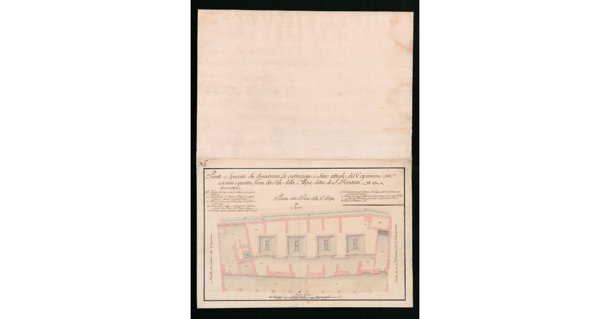 Piante e spaccato che dimostrano la costruzione e stato attuale del capannone ove esistono i quattro Forni da Sale della Moja detta di S. Giovanni. Pianta I