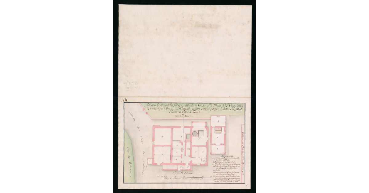 Piante e spaccato della fabbrica attuale in faccia alla Moja del S. Giovanni che contiene i quartieri per i Ministri, la Cappella e altri servizi per uso di detta Moja. Pianta II