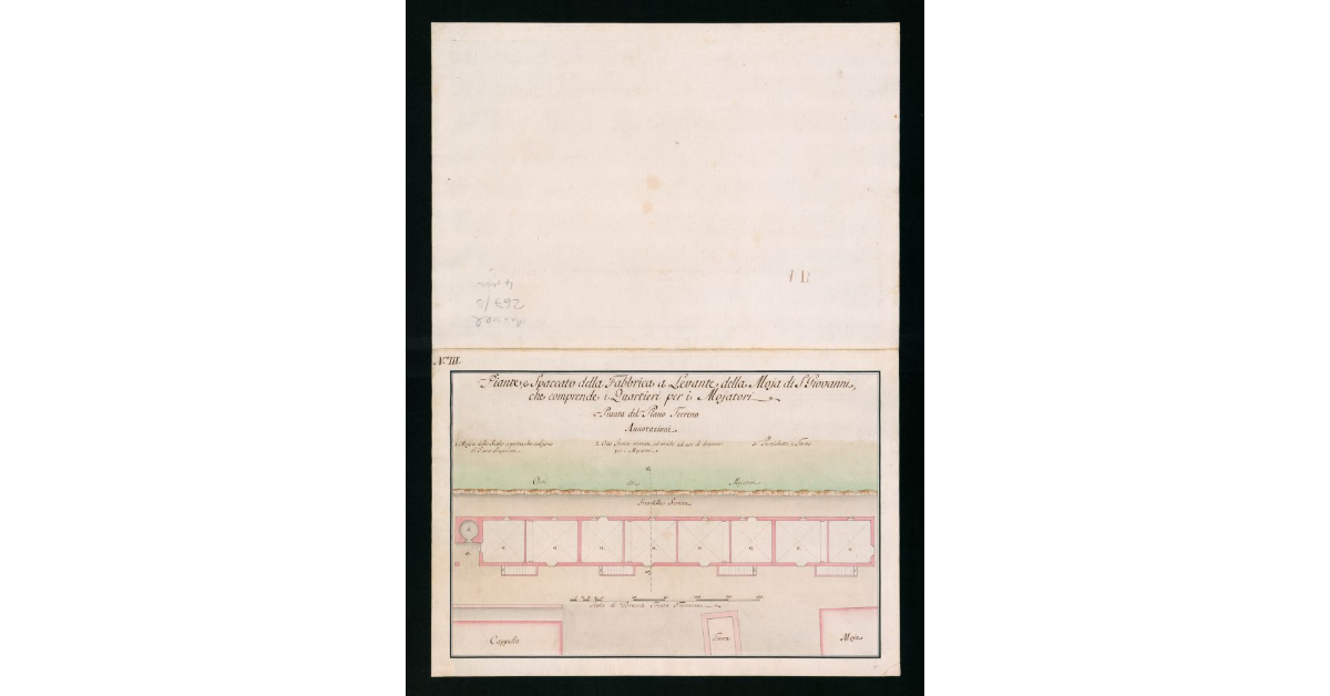 Piante e spaccato della Fabbrica a levante della Moja di S. Giovanni che comprende i quartieri per i Mojatori. Pianta III
