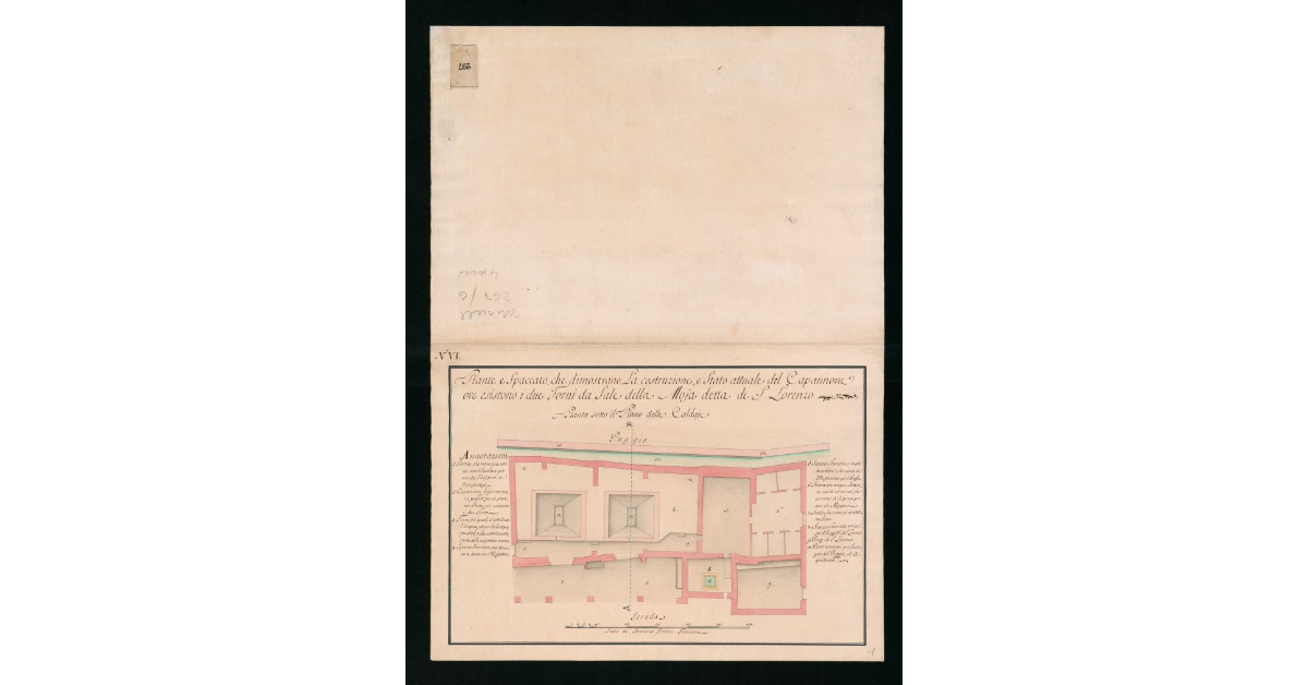 Piante e spaccato che dimostrano la costruzione e stato attuale del Capannone ove esistono i due forni da sale della Moja detta di S. Lorenzo. Pianta VI
