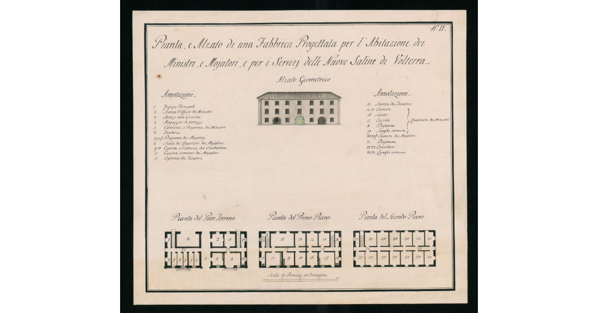 Pianta e alzato di una fabbrica progettata per l'abitazione dei Ministri e Moiatori e per i servizi delle nuove Saline di Volterra