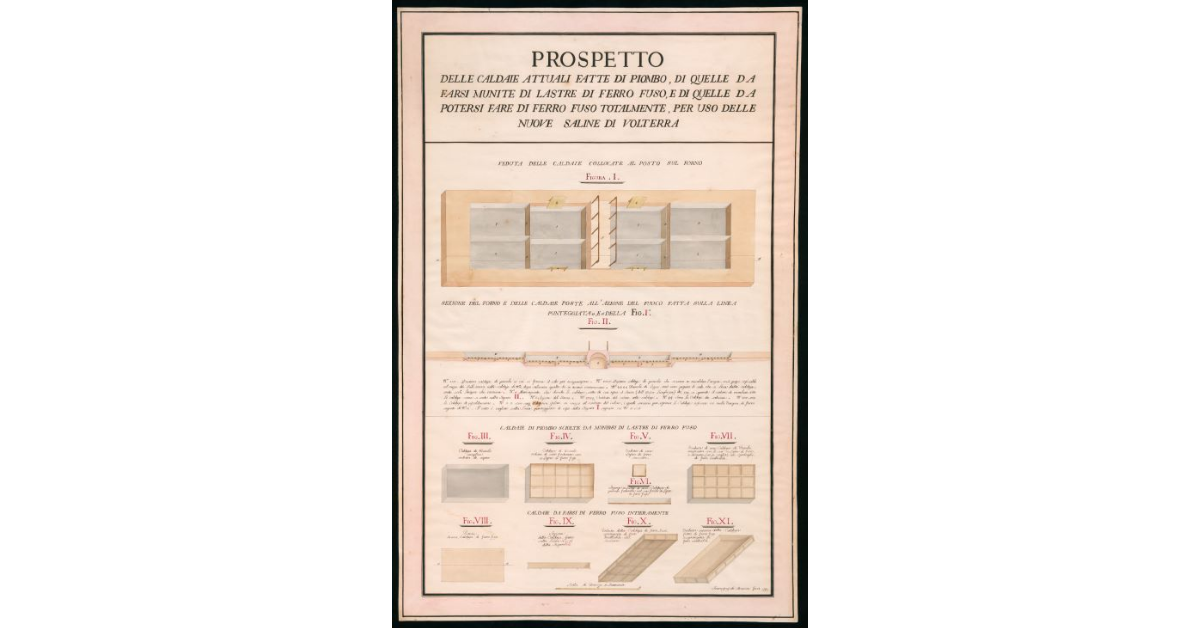 Prospetto delle caldaie attuali fatte di piombo, di quele da farsi munite di lastre di ferro fuso, e di quelle da potersi fare di Ferro fuso totalmente, per uso delle Nuove Saline di Volterra