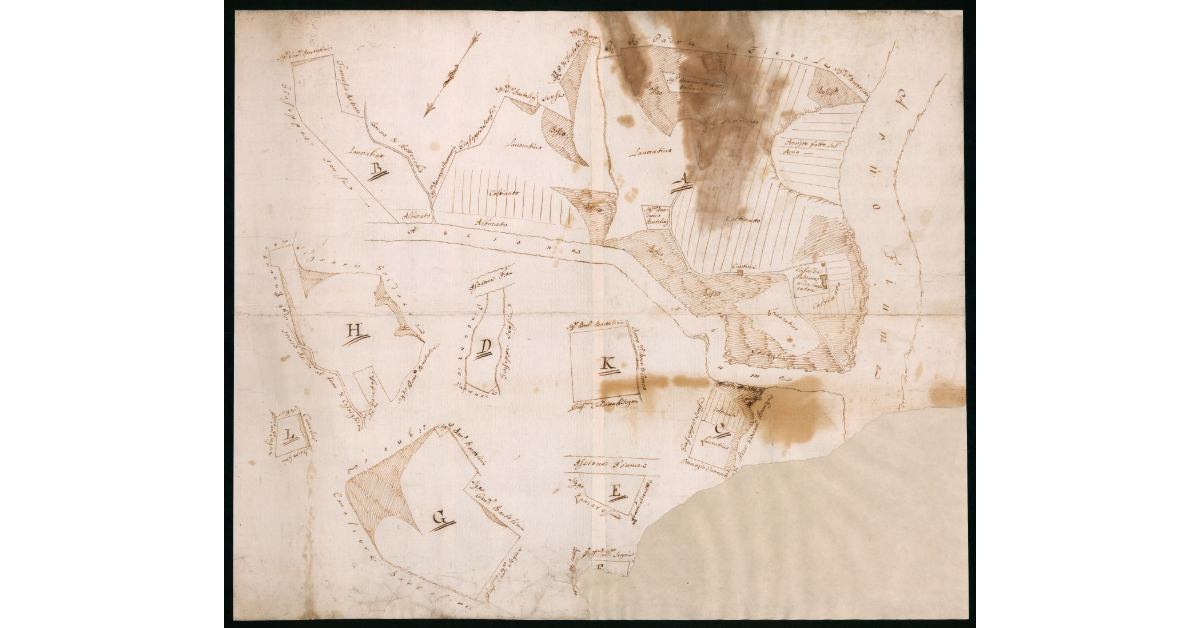 [Mappa pseudo-catastale di vari pezzi di terra e di un podere con "casa da Padrone e da Lavoratore" ubicati tra l'Arno e il suo a affluente Ascione]