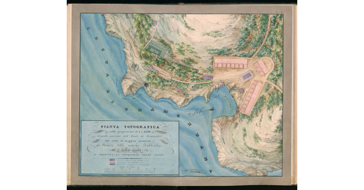 Tav.II - Pianta topografica nella proporzione di 1 a 1250 di quella porzione dell'Isola di Giannutri ove sono in maggior numero gli avanzi delle antiche fabbriche e nella quale si progetta la costruzione delle nuove