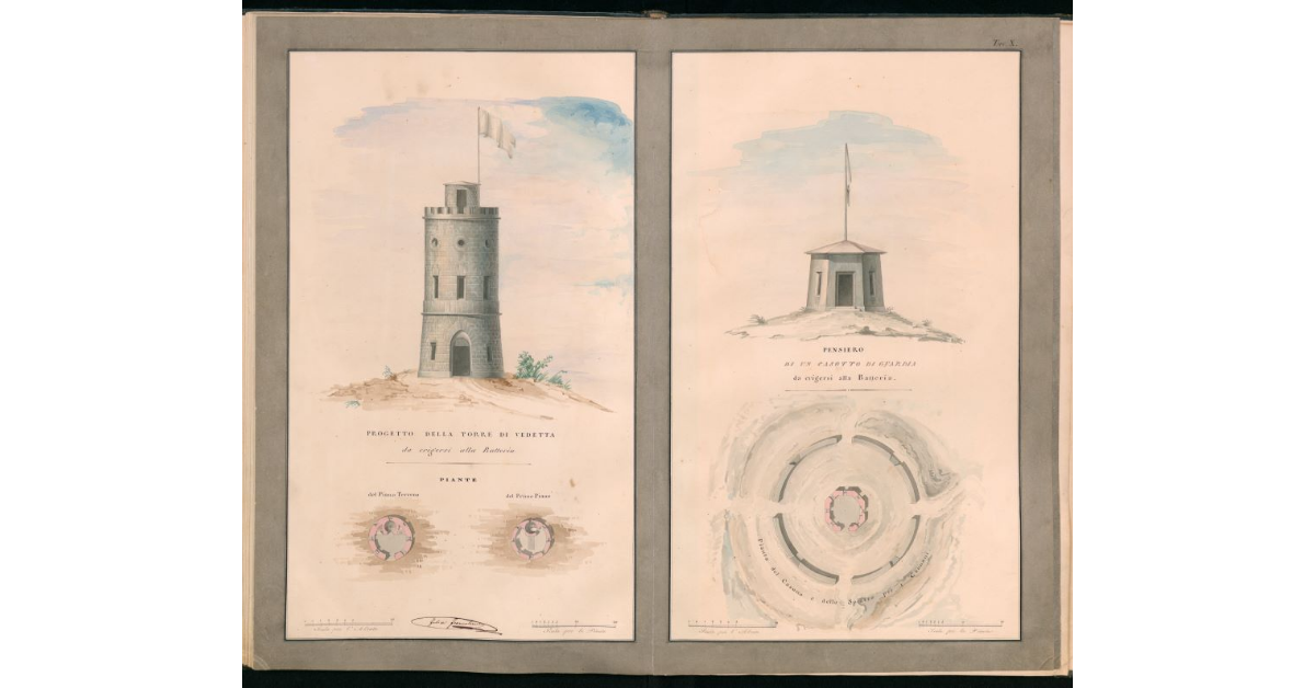 Tav.X - Progetto della Torre di vedetta da erigersi alla Batteria. Pensiero di un Casotto di guardia da erigersi alla Batteria