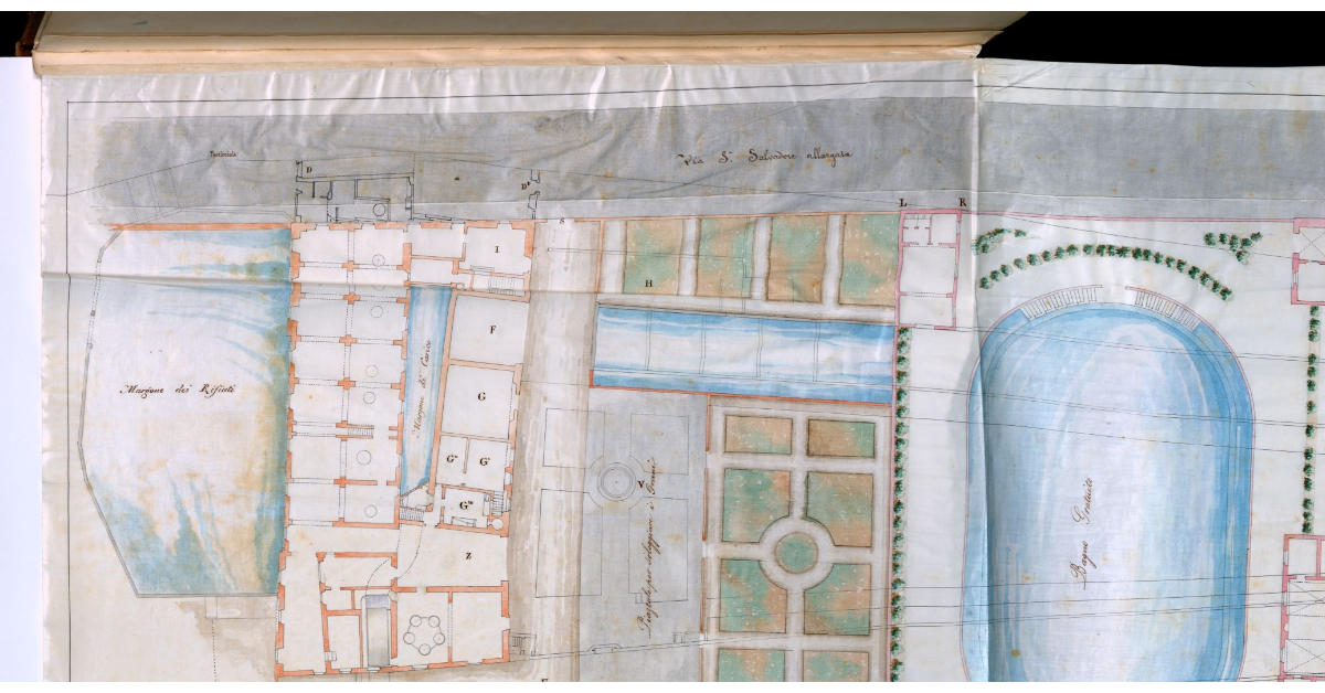 Tav.I - Pianta geometrica dello spazio compreso fra il Nuovo Lungo-Arno la Via S. Salvatore le Cateratte di presa d'acqua del Fosso Macinante, ed il Margone dei Rifiuti del Molino della Porticciola colla indicazione della destinazione plausibile di tutto _x0018_questo terreno e della riduzione di detto Molino