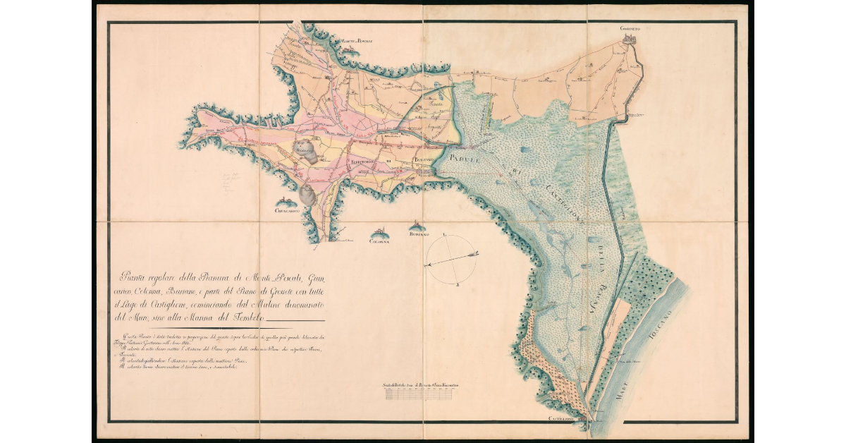 Pianta regolare della Pianura di Monte-Pescali, Giuncarico, Colonna, Buriano, e parte del Piano di Grosseto con tutto il Lago di Castiglione, cominciando dal Mulino denominato del Muro, fino alla Marina del Tombolo