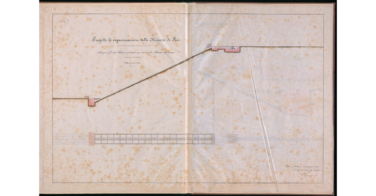 Tav.10 - Progetto di organizzazione dellla miniere di Rio. Disegno g.n. e del piano inclinato per servire il piano della Croce
