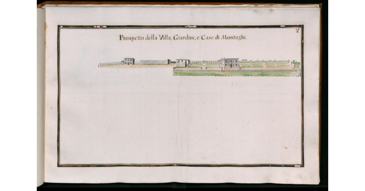 [Tav.V - Prospetto della Villa, Giardini e Case di Montughi]