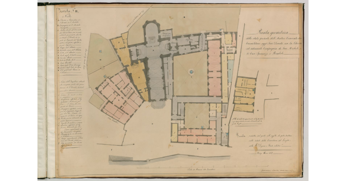 Tavola n.II - Pianta geometrica dello stato presente dell'antico Convento dei Carmelitani oggi S.Donato con la Chiesa ed adiacente Compagnia di S.Michele e le Case Spennazzi e Romboli