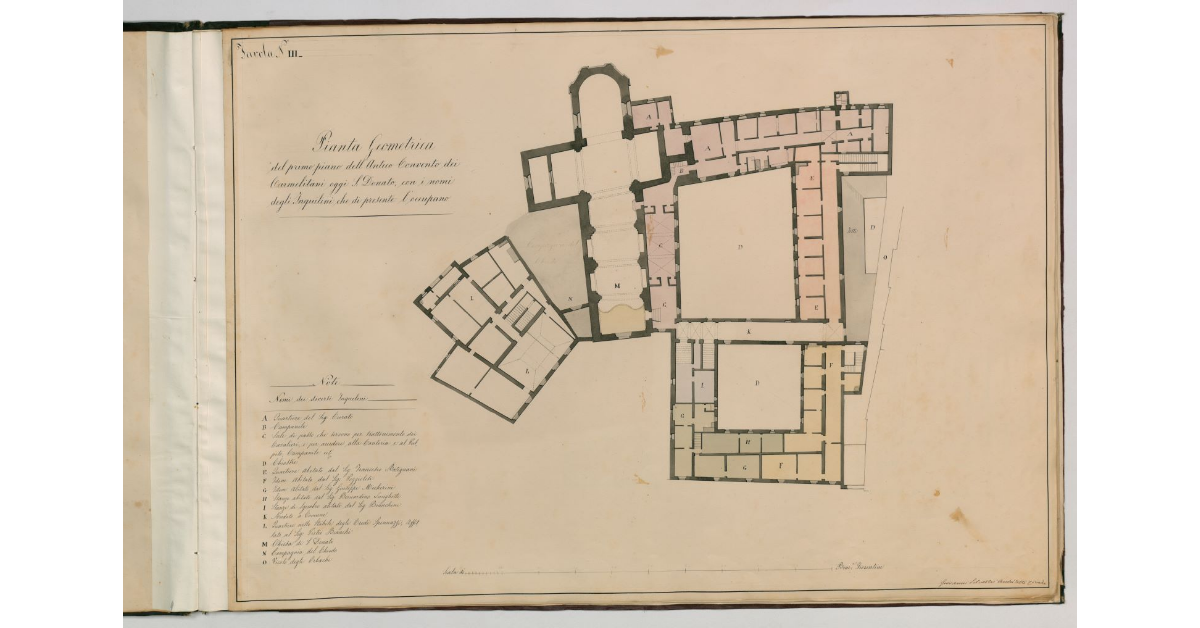 Tavola n.III - Pianta geometrica del primo piano dell'antico Convento dei Camelitani oggi S.Donato con i nomi degli Inquilini che di presente l'occupano