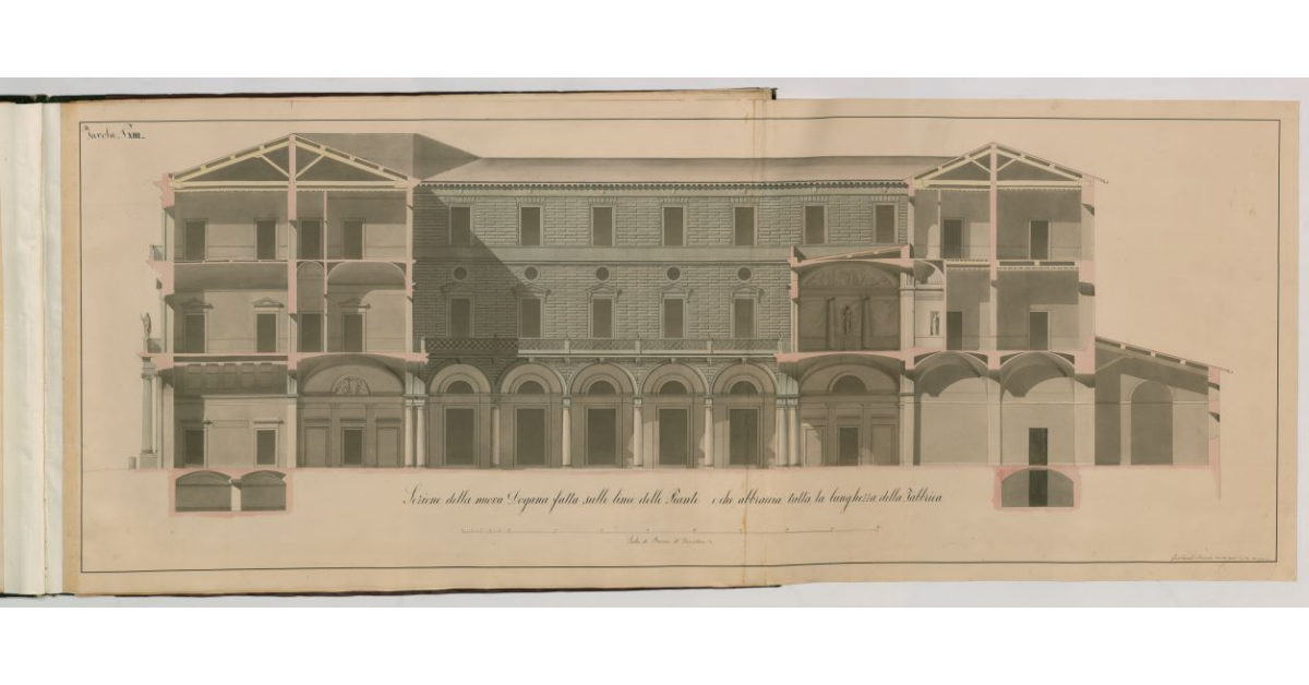 Tavola n.XIII - Sezione della Nuova Dogana fatta sulle linee delle Piante e che abbraccia tutta la lunghezza della Fabbrica