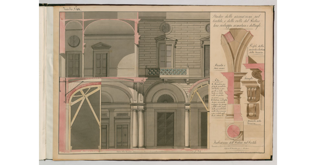 Tavola n.XIX - Studio delle arcuazioni sul cortile, e delle volte del portico, loro sviluppi, armature e dettagli