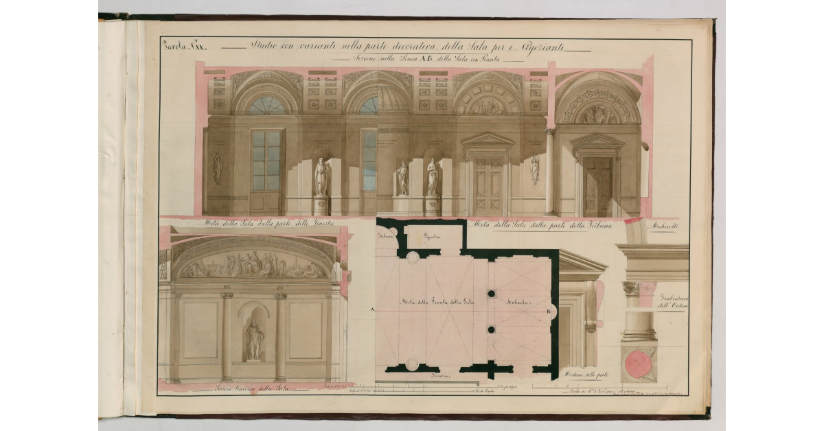 Tavola n.XX - Studio con varianti nella parte decorativa della Sala per i Negozianti